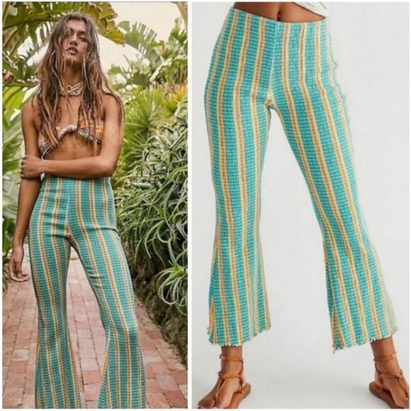Free People Pants - ✨ Free People Women’s Fine Line Slim Pants Aqua Orange Yellow Stripe XS